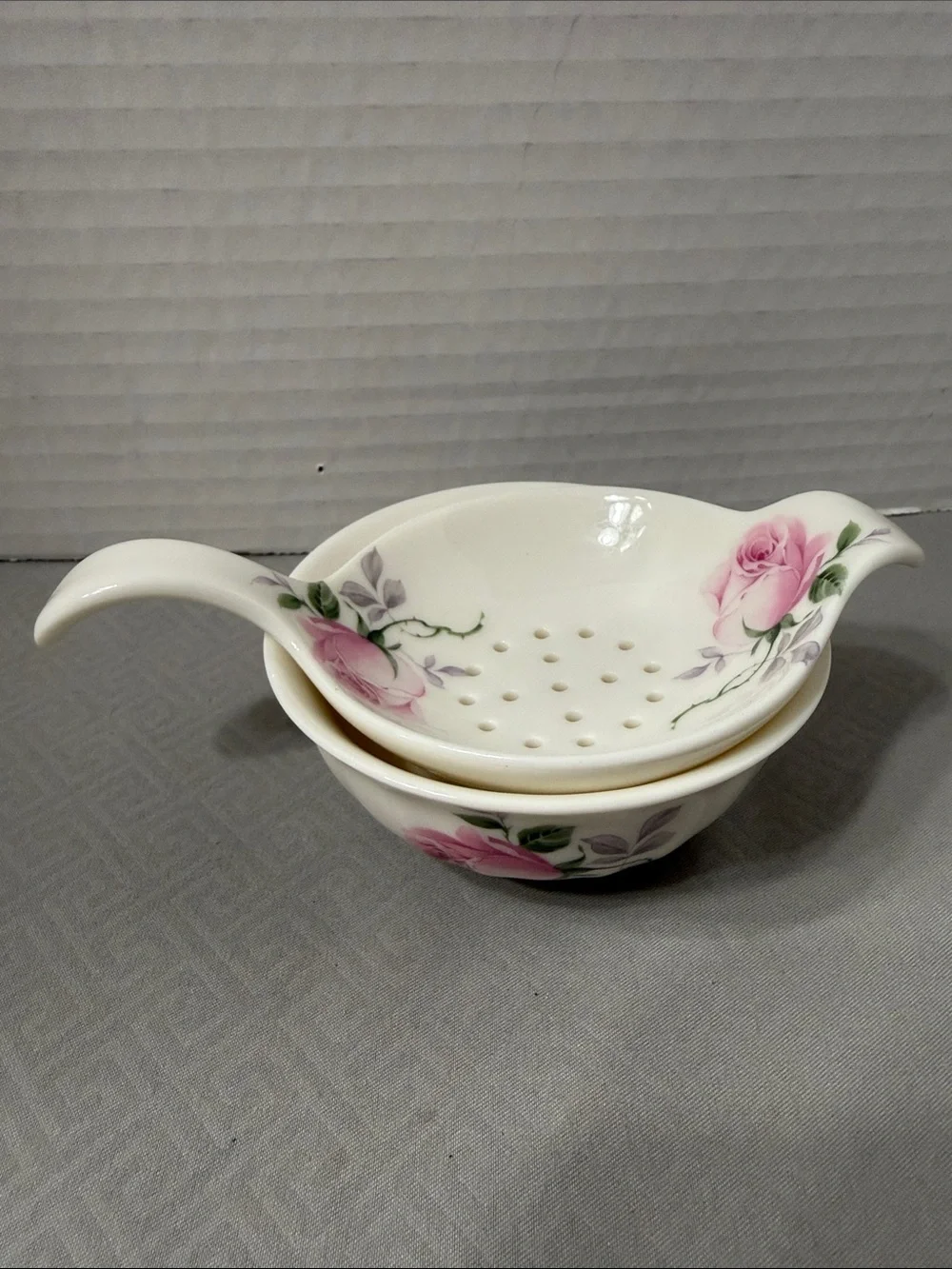 Vintage Allyn Nelson Bone China Tea Strainer Matching Drip Bowl Set Pink Floral
